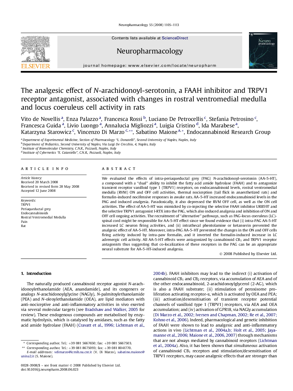 The analgesic effect of N-arachidonoyl-serotonin, a FAAH inhibitor and TRPV1 receptor antagonist, associated with changes in rostral ventromedial medulla and locus coeruleus cell activity in rats