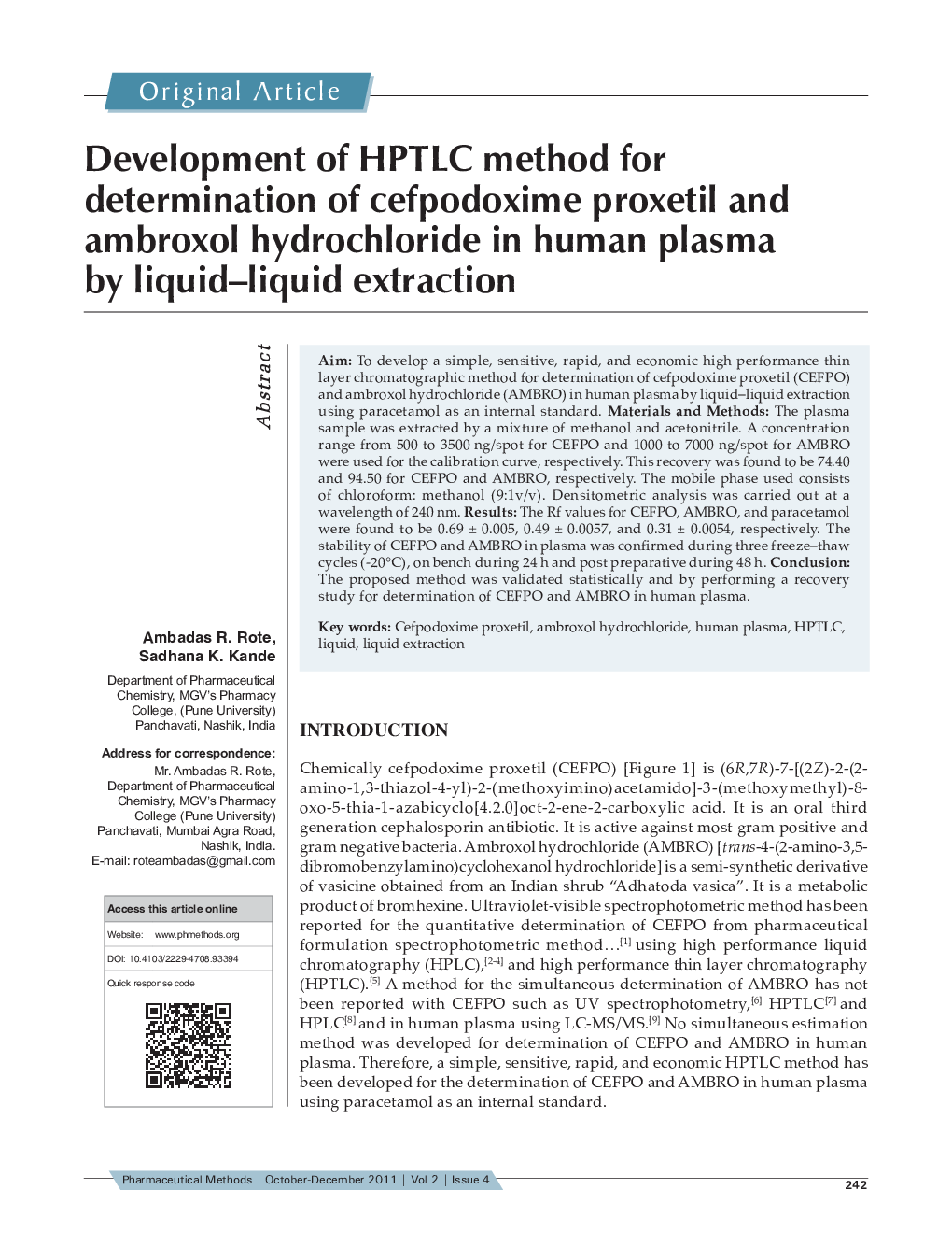 Development of HPTLC method for determination of cefpodoxime proxetil and ambroxol hydrochloride in human plasma by liquid-liquid extraction