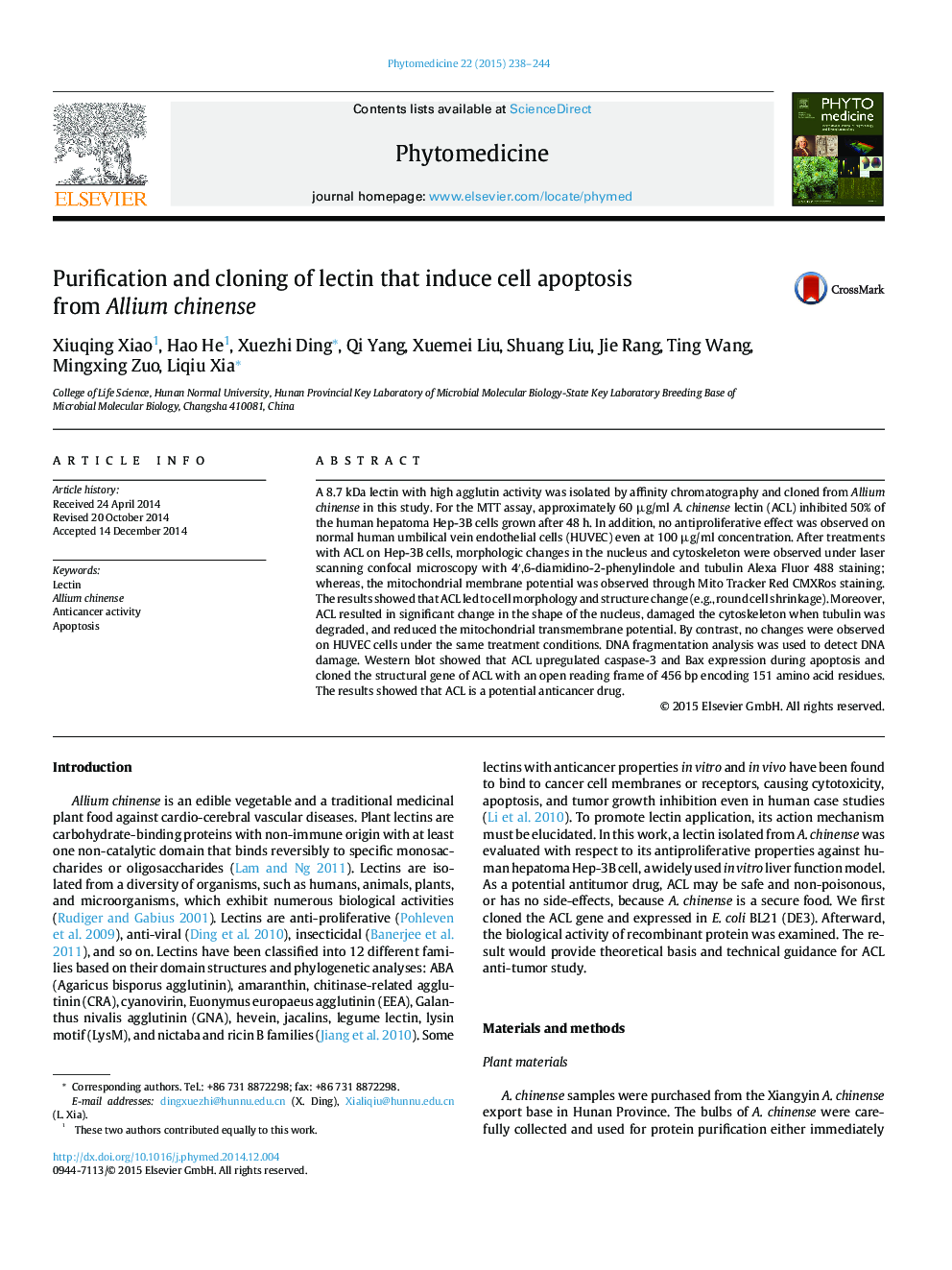 Purification and cloning of lectin that induce cell apoptosis from Allium chinense