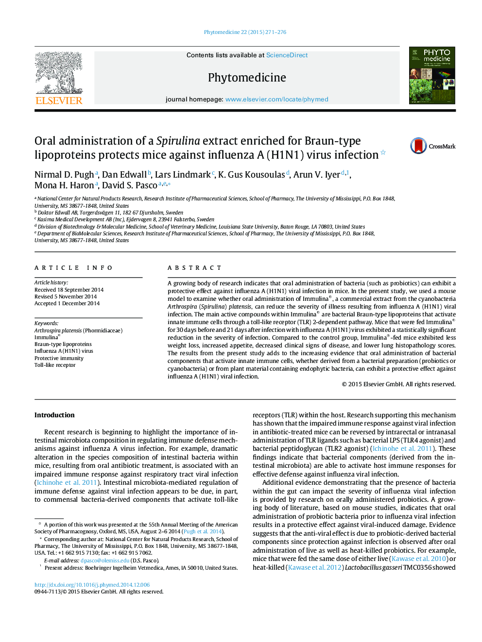 Oral administration of a Spirulina extract enriched for Braun-type lipoproteins protects mice against influenza A (H1N1) virus infection 