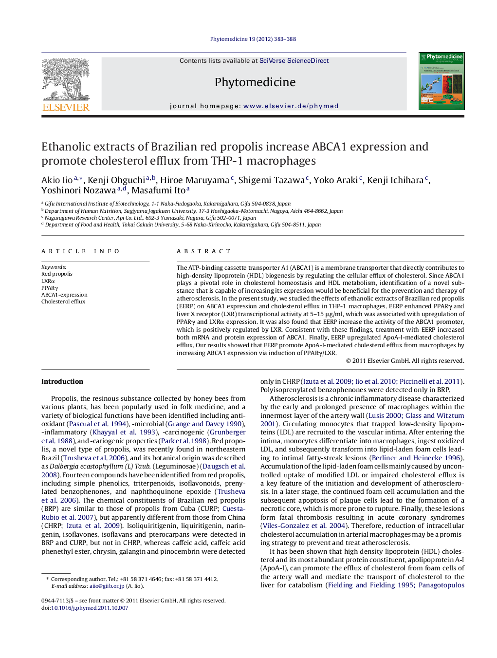 Ethanolic extracts of Brazilian red propolis increase ABCA1 expression and promote cholesterol efflux from THP-1 macrophages