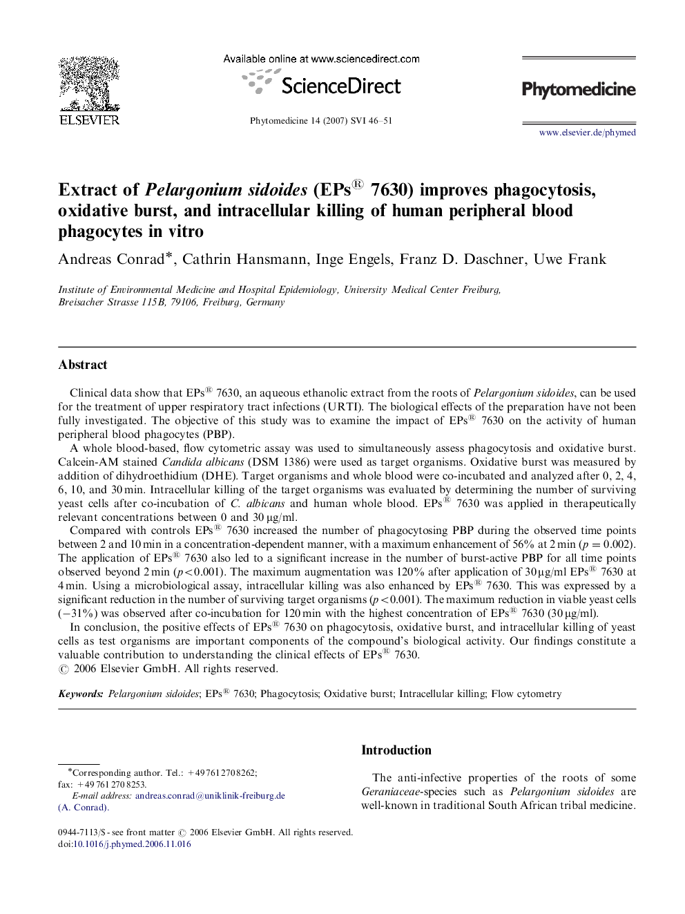 Extract of Pelargonium sidoides (EPs® 7630) improves phagocytosis, oxidative burst, and intracellular killing of human peripheral blood phagocytes in vitro