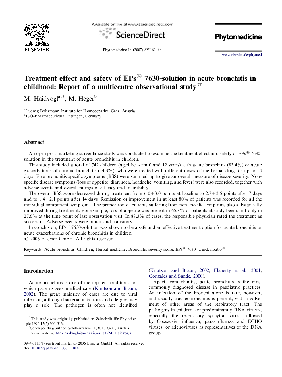 Treatment effect and safety of EPs® 7630-solution in acute bronchitis in childhood: Report of a multicentre observational study 