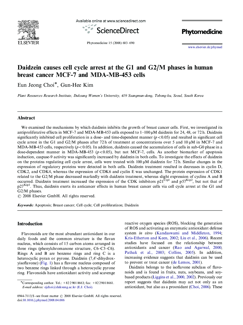 Daidzein causes cell cycle arrest at the G1 and G2/M phases in human breast cancer MCF-7 and MDA-MB-453 cells