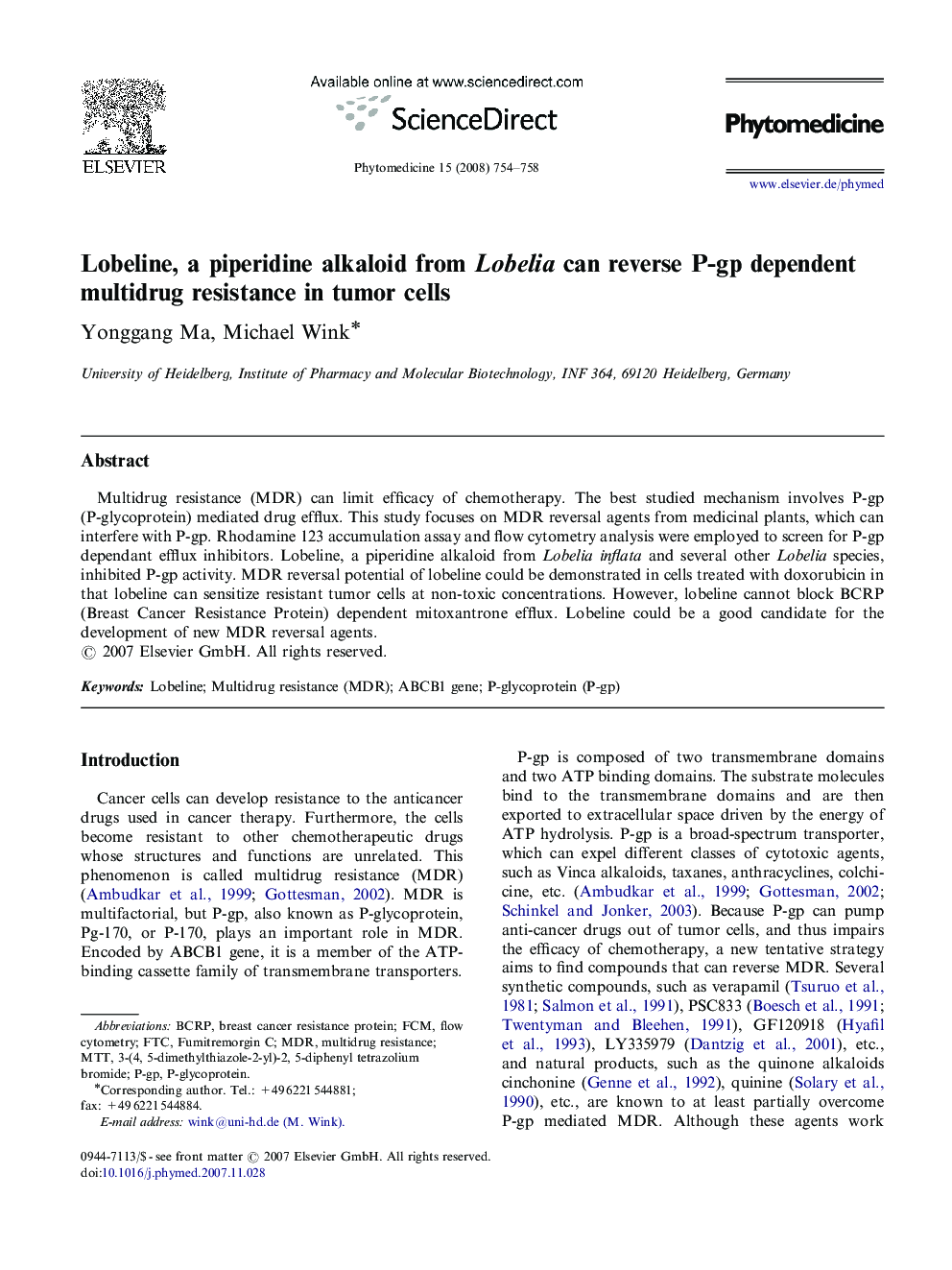Lobeline, a piperidine alkaloid from Lobelia can reverse P-gp dependent multidrug resistance in tumor cells