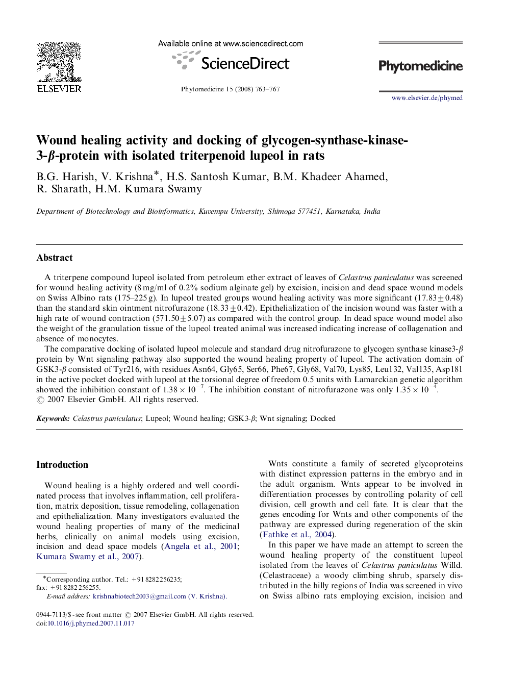 Wound healing activity and docking of glycogen-synthase-kinase-3-β-protein with isolated triterpenoid lupeol in rats