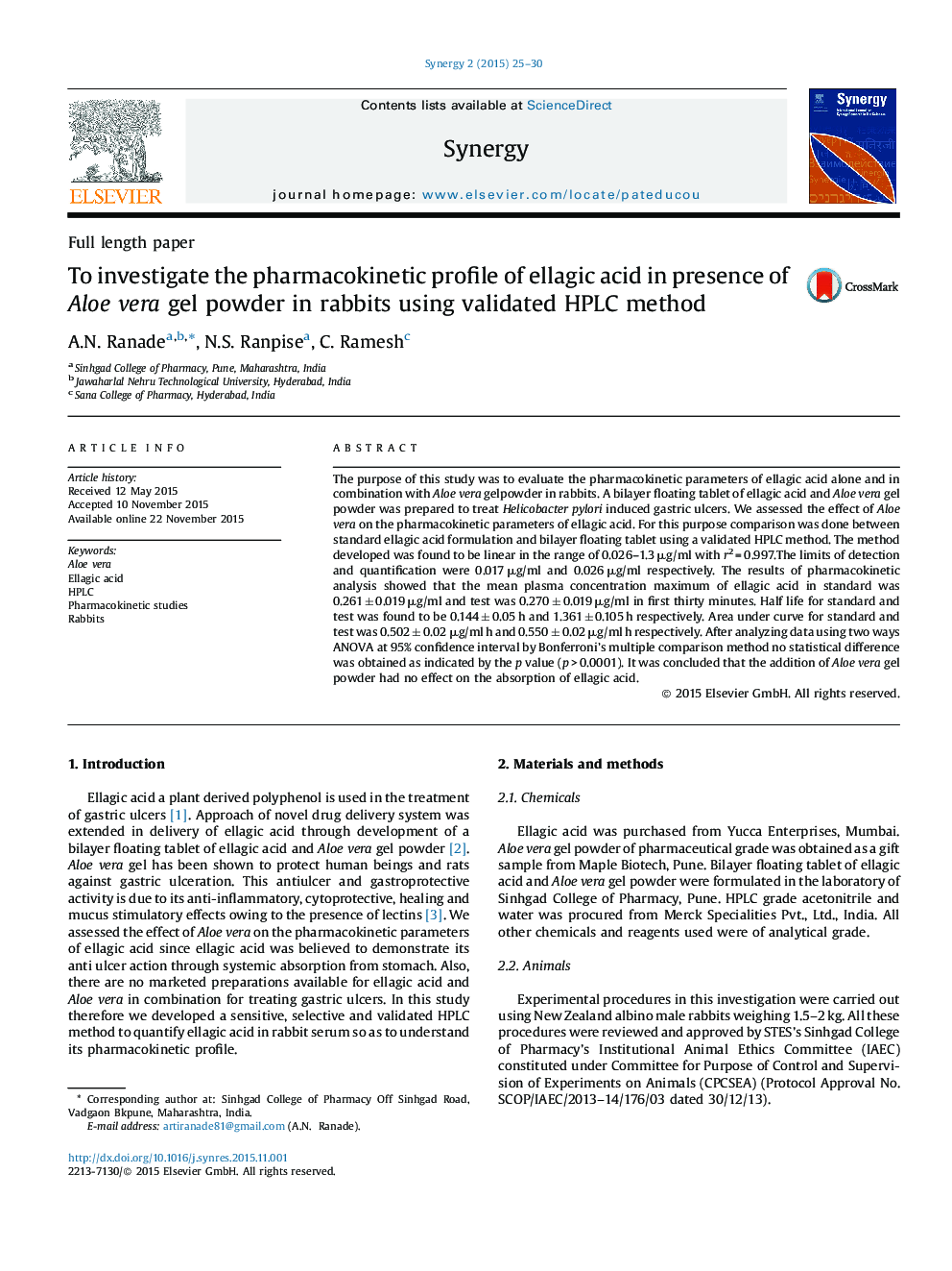 To investigate the pharmacokinetic profile of ellagic acid in presence of Aloe vera gel powder in rabbits using validated HPLC method