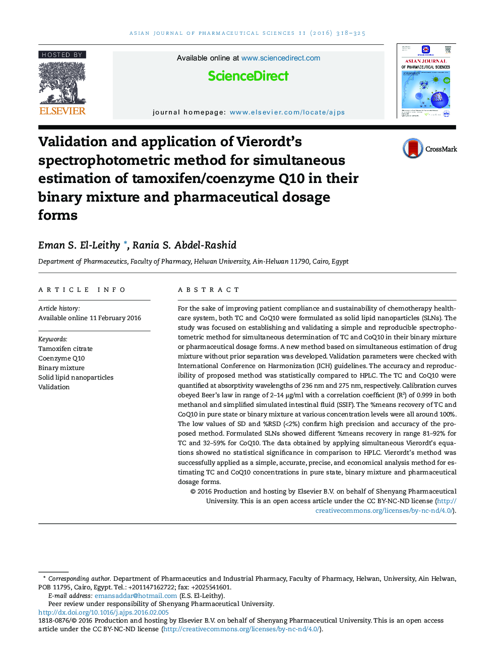 Validation and application of Vierordt's spectrophotometric method for simultaneous estimation of tamoxifen/coenzyme Q10 in their binary mixture and pharmaceutical dosage forms 