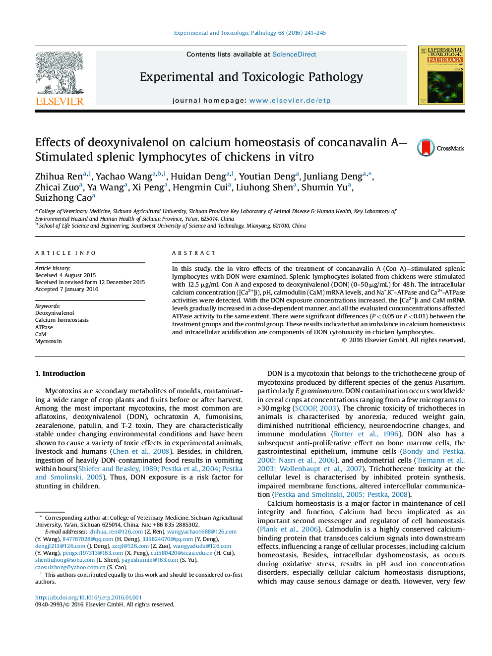 اثرات deoxinivalenol بر روی هوموستاز کلسیم کونکاناوالین؛ لنفوسیت های طحالی تحریک شده در جوجه ها در شرایط آزمایشگاهی