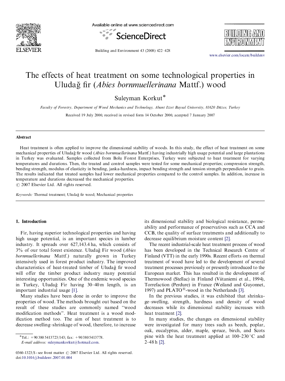 The effects of heat treatment on some technological properties in Uludağ fir (Abies bornmuellerinana Mattf.) wood