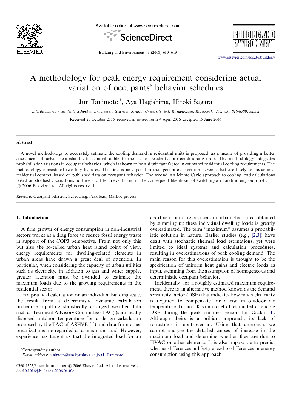 A methodology for peak energy requirement considering actual variation of occupants’ behavior schedules