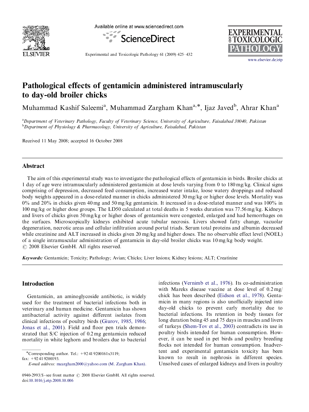 Pathological effects of gentamicin administered intramuscularly to day-old broiler chicks