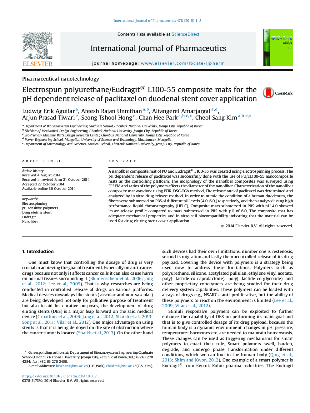 Electrospun polyurethane/Eudragit® L100-55 composite mats for the pH dependent release of paclitaxel on duodenal stent cover application