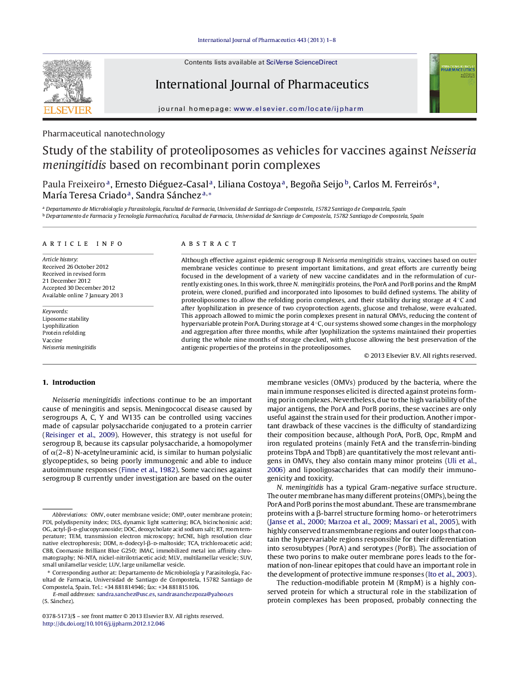 Study of the stability of proteoliposomes as vehicles for vaccines against Neisseria meningitidis based on recombinant porin complexes