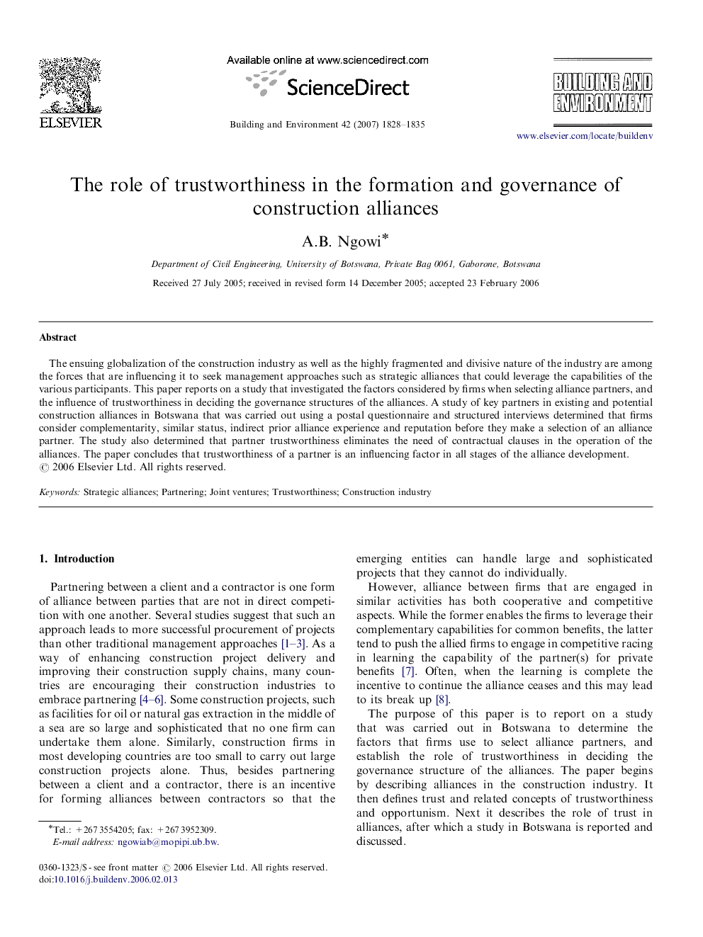 The role of trustworthiness in the formation and governance of construction alliances