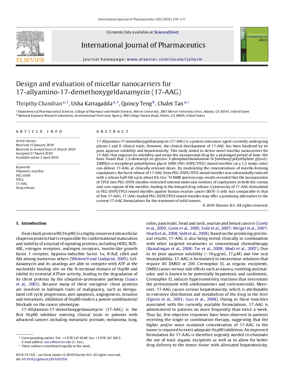 Design and evaluation of micellar nanocarriers for 17-allyamino-17-demethoxygeldanamycin (17-AAG)