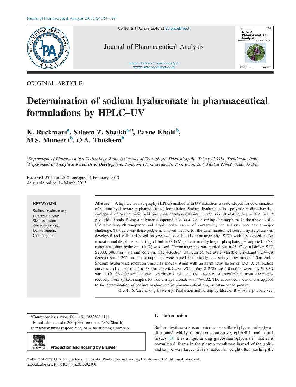 Determination of sodium hyaluronate in pharmaceutical formulations by HPLC–UV 