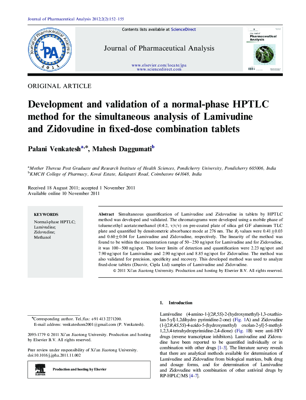 Development and validation of a normal-phase HPTLC method for the simultaneous analysis of Lamivudine and Zidovudine in fixed-dose combination tablets