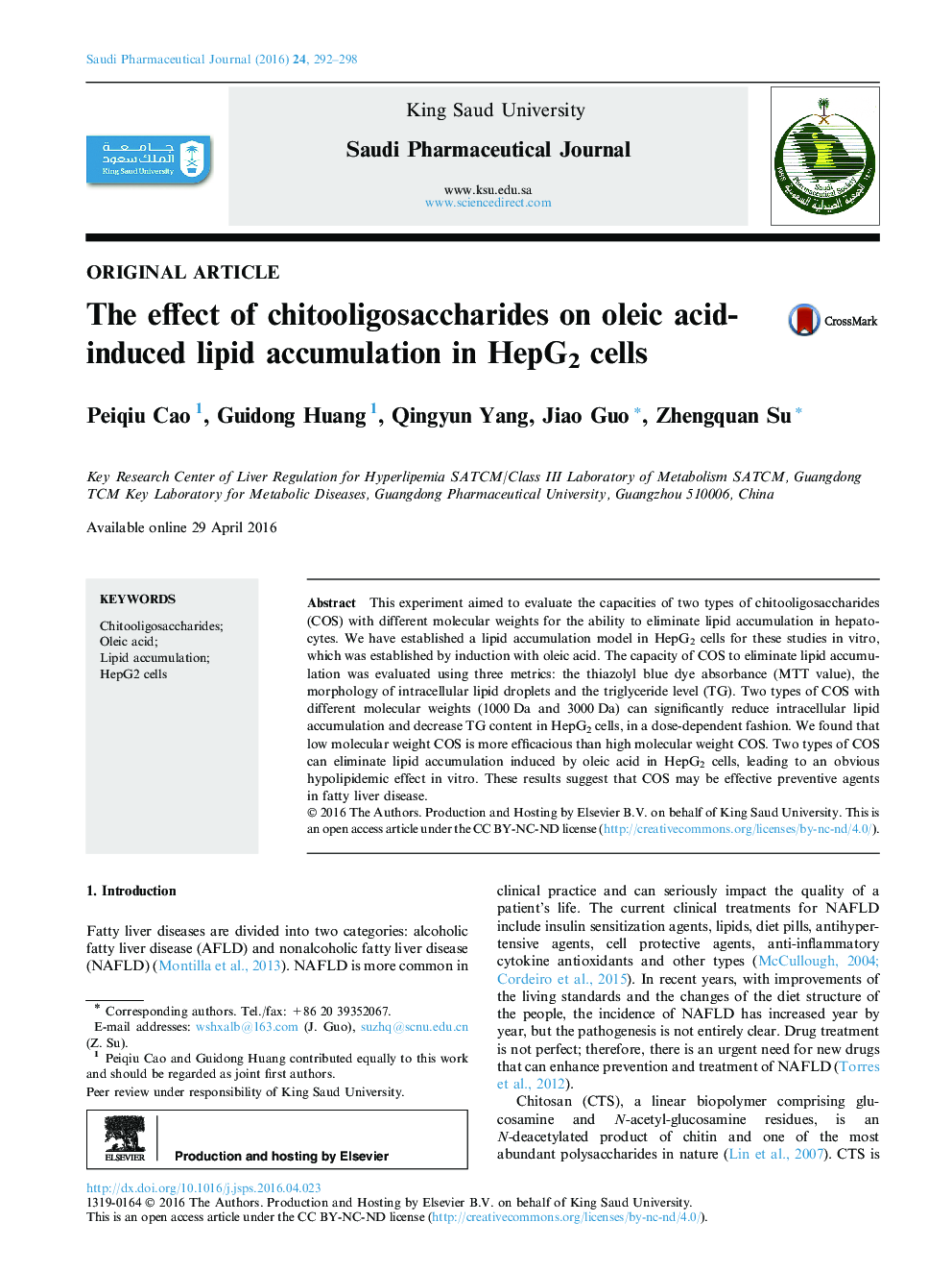 The effect of chitooligosaccharides on oleic acid-induced lipid accumulation in HepG2 cells 