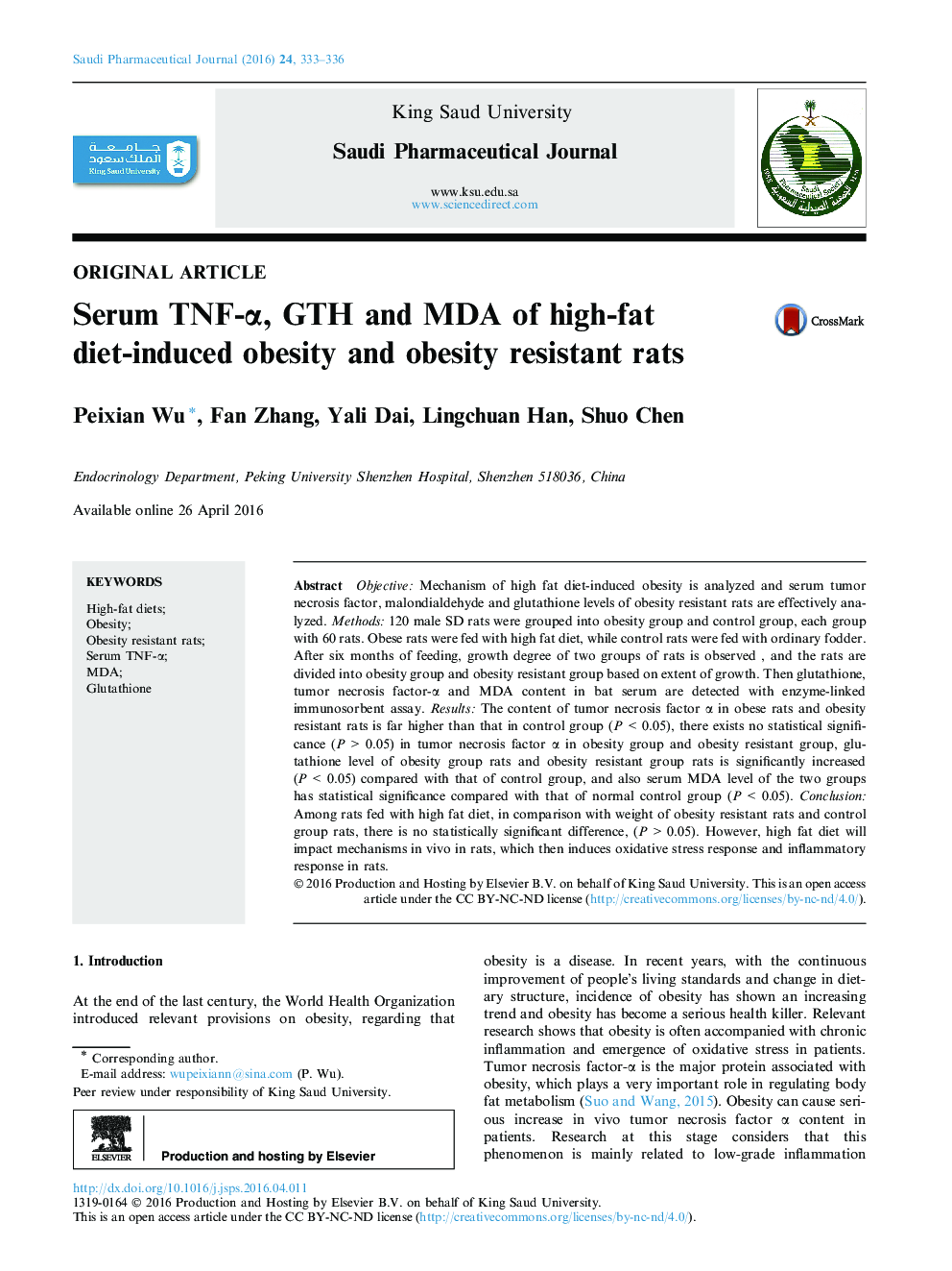 TNF-α، GTH سرم و MDA موش های صحرایی چاق و چاقی ناشی از رژیم غذایی با چربی بالا