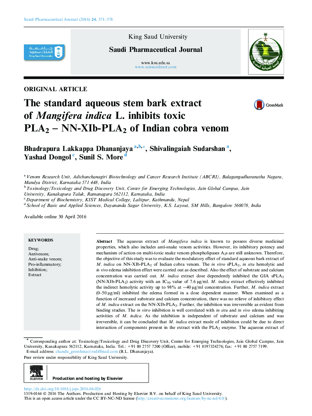 The standard aqueous stem bark extract of Mangifera indica L. inhibits toxic PLA2 – NN-XIb-PLA2 of Indian cobra venom 