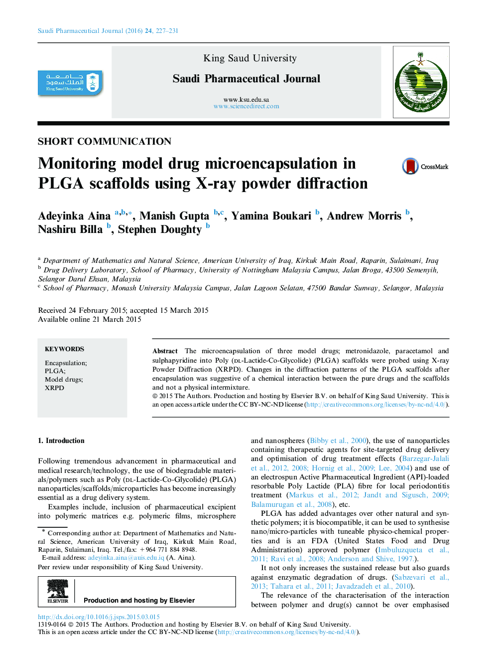 Monitoring model drug microencapsulation in PLGA scaffolds using X-ray powder diffraction 