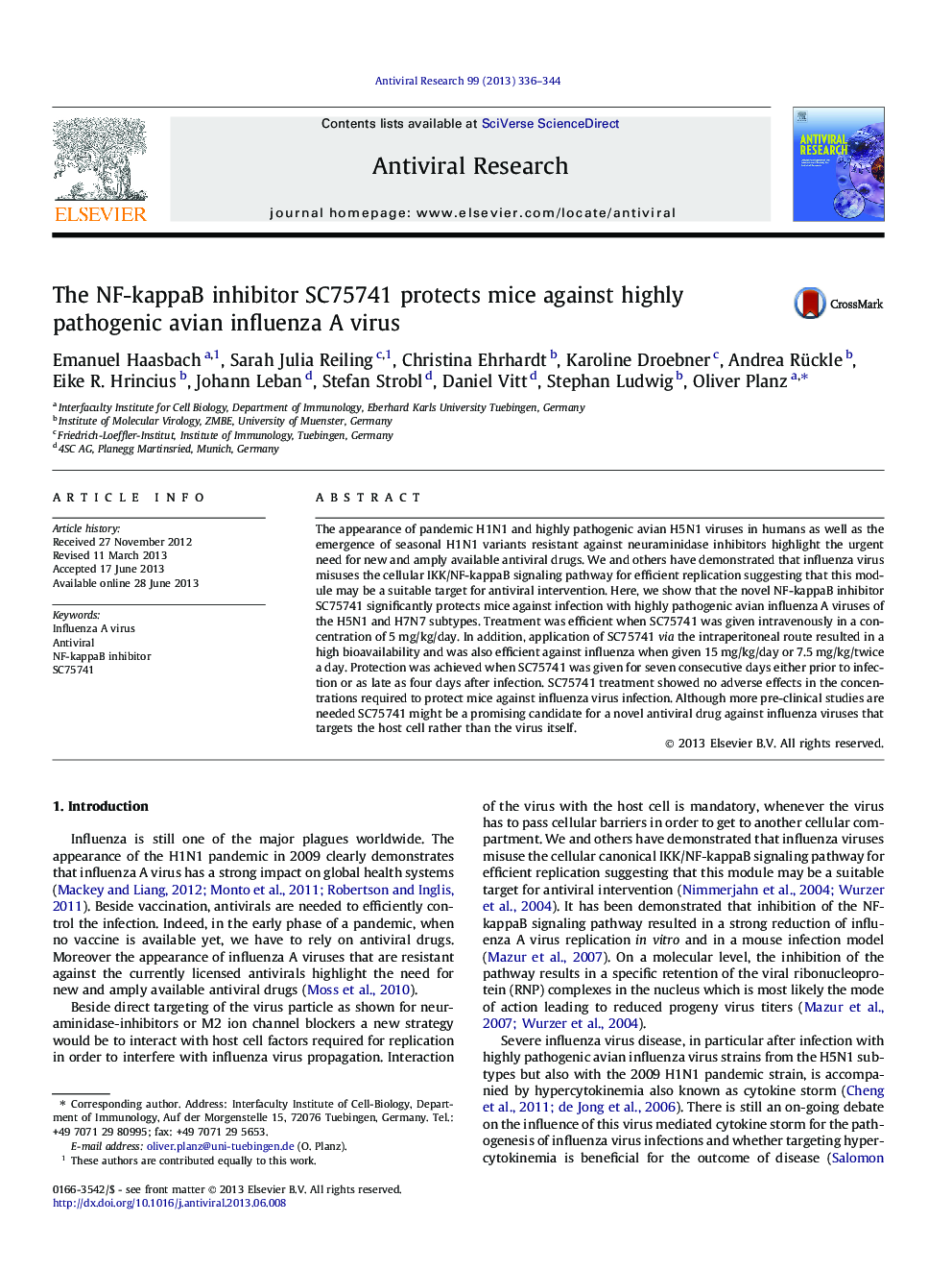 The NF-kappaB inhibitor SC75741 protects mice against highly pathogenic avian influenza A virus