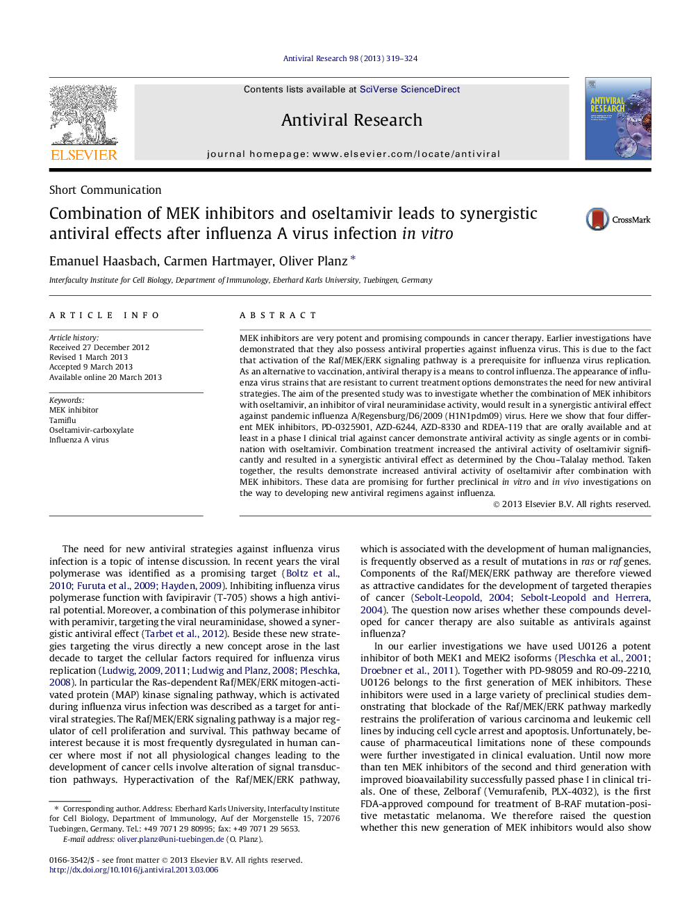 Combination of MEK inhibitors and oseltamivir leads to synergistic antiviral effects after influenza A virus infection in vitro