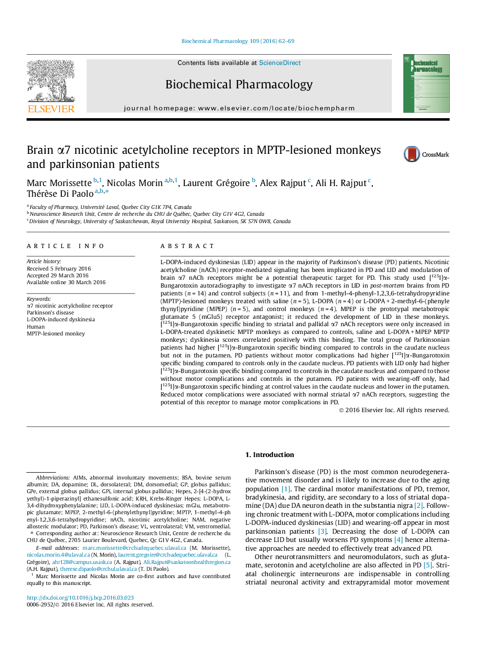 Brain α7 nicotinic acetylcholine receptors in MPTP-lesioned monkeys and parkinsonian patients