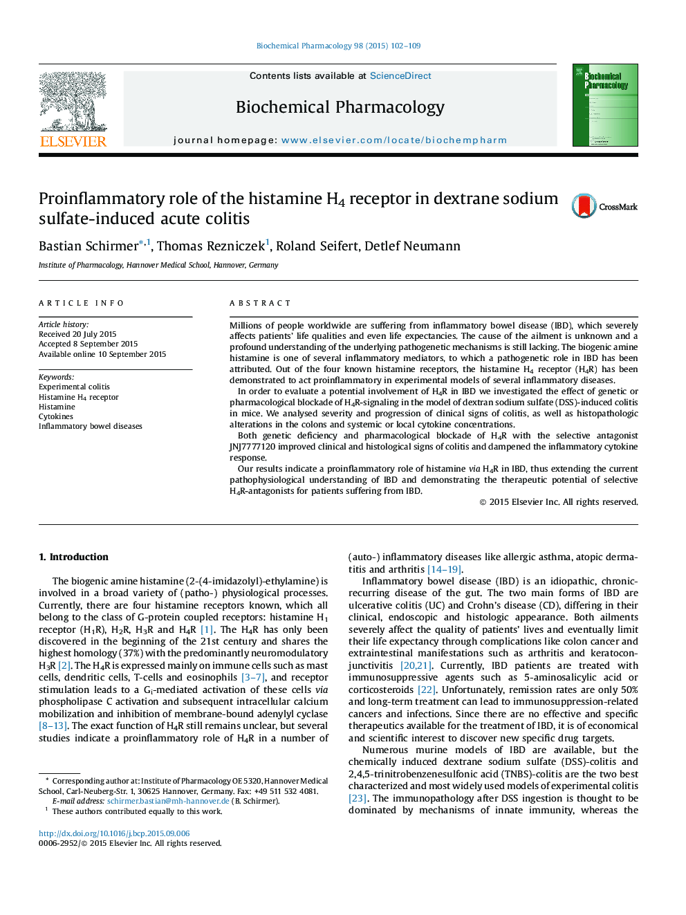 Proinflammatory role of the histamine H4 receptor in dextrane sodium sulfate-induced acute colitis