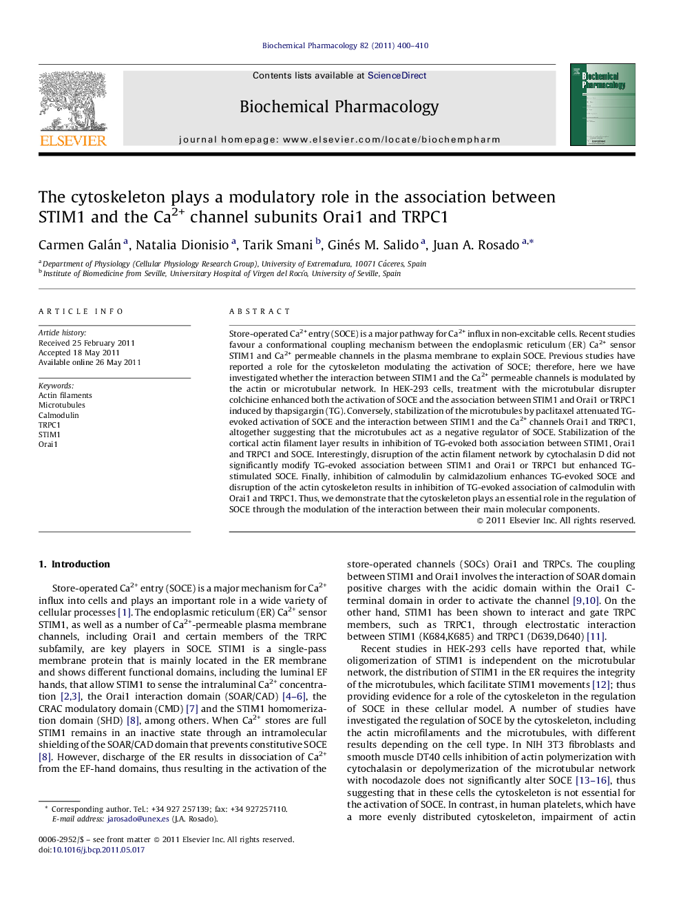 The cytoskeleton plays a modulatory role in the association between STIM1 and the Ca2+ channel subunits Orai1 and TRPC1