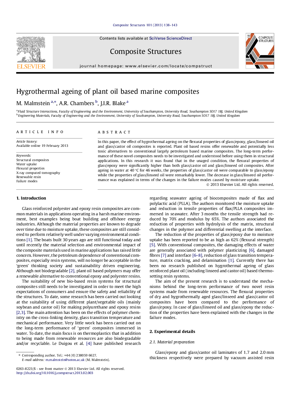 Hygrothermal ageing of plant oil based marine composites