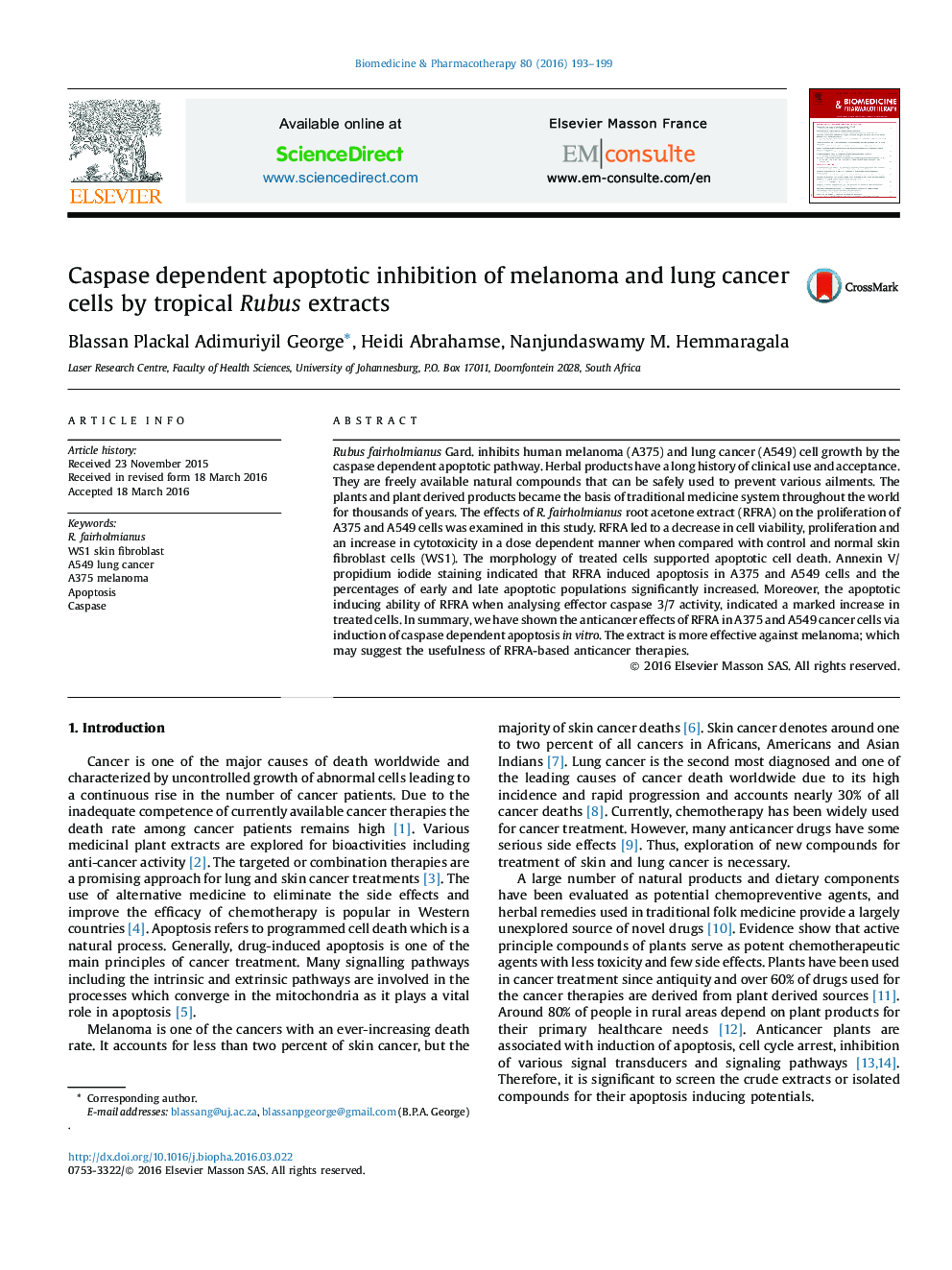 مهار آپوپتوز وابسته به کاسپاز ملانوم و سلول های سرطانی ریه توسط عصاره های روبوس گرمسیری 