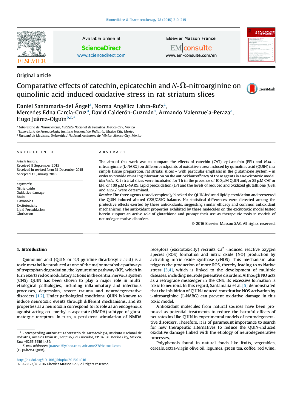 Comparative effects of catechin, epicatechin and N-Ω-nitroarginine on quinolinic acid-induced oxidative stress in rat striatum slices