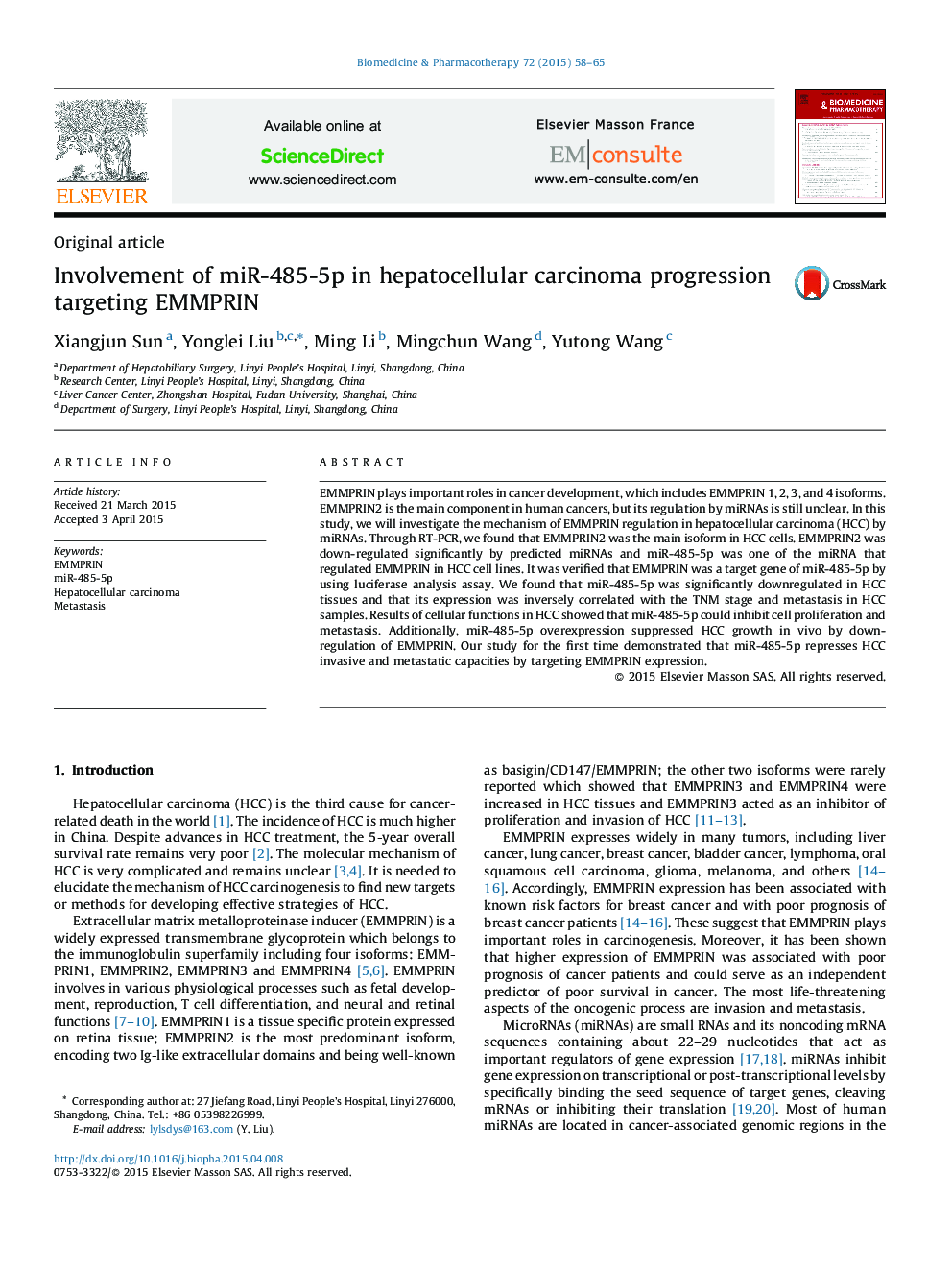 Involvement of miR-485-5p in hepatocellular carcinoma progression targeting EMMPRIN