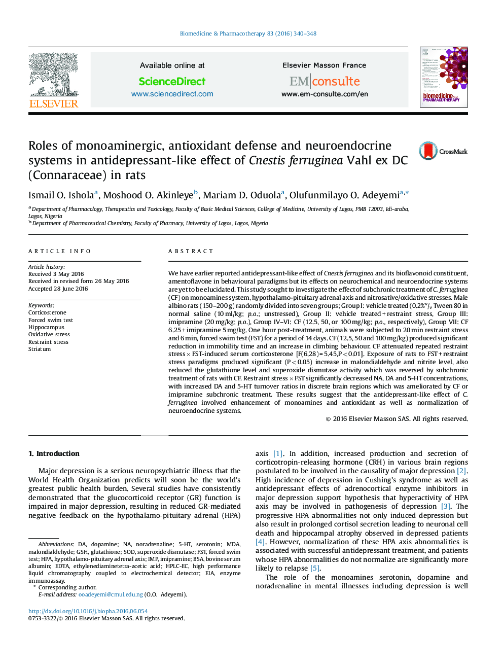 Roles of monoaminergic, antioxidant defense and neuroendocrine systems in antidepressant-like effect of Cnestis ferruginea Vahl ex DC (Connaraceae) in rats