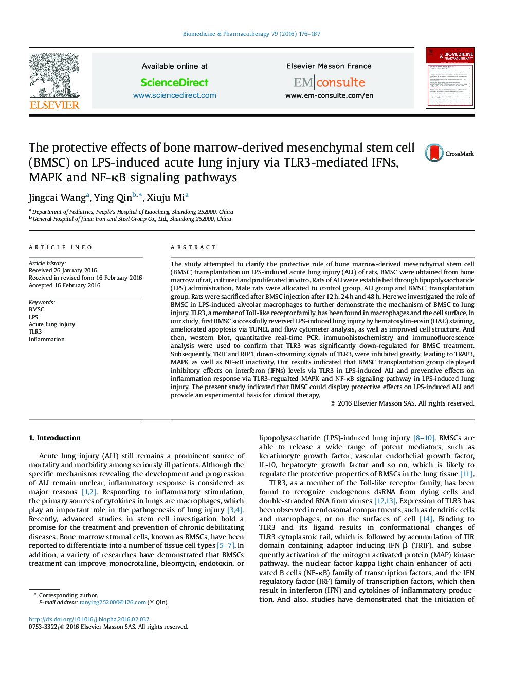 The protective effects of bone marrow-derived mesenchymal stem cell (BMSC) on LPS-induced acute lung injury via TLR3-mediated IFNs, MAPK and NF-κB signaling pathways