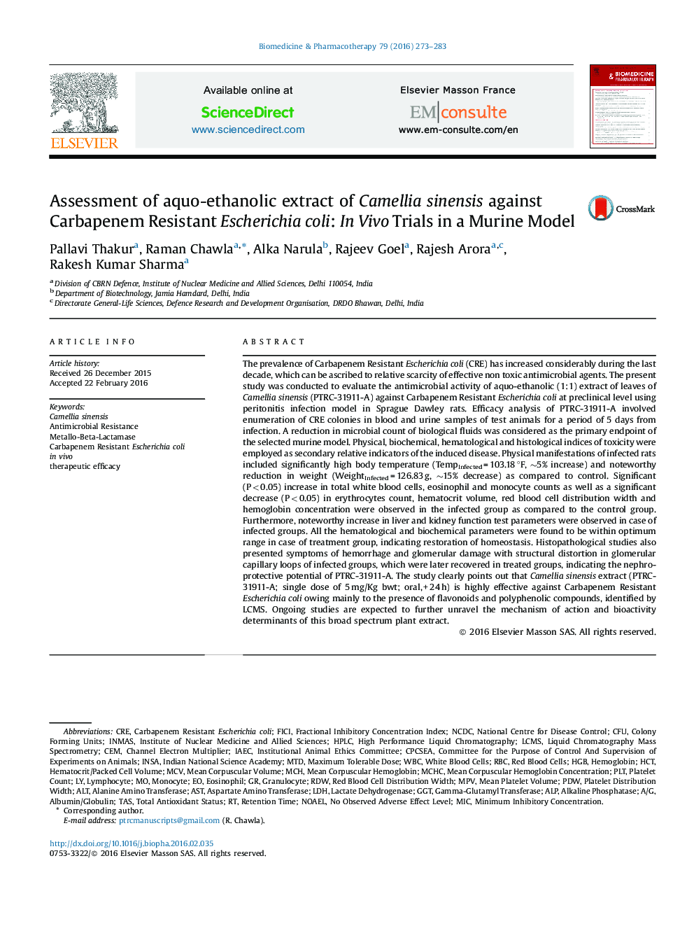 Assessment of aquo-ethanolic extract of Camellia sinensis against Carbapenem Resistant Escherichia coli: In Vivo Trials in a Murine Model