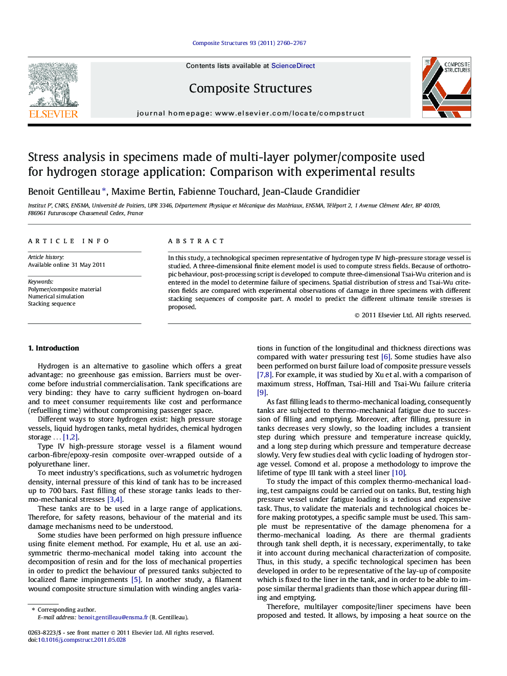 Stress analysis in specimens made of multi-layer polymer/composite used for hydrogen storage application: Comparison with experimental results