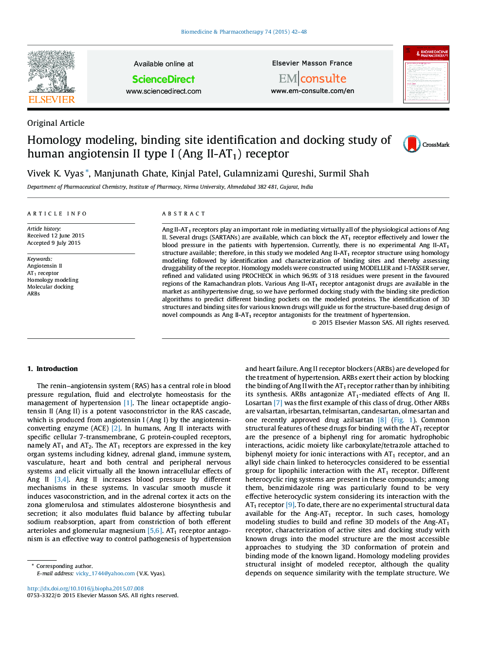 Homology modeling, binding site identification and docking study of human angiotensin II type I (Ang II-AT1) receptor