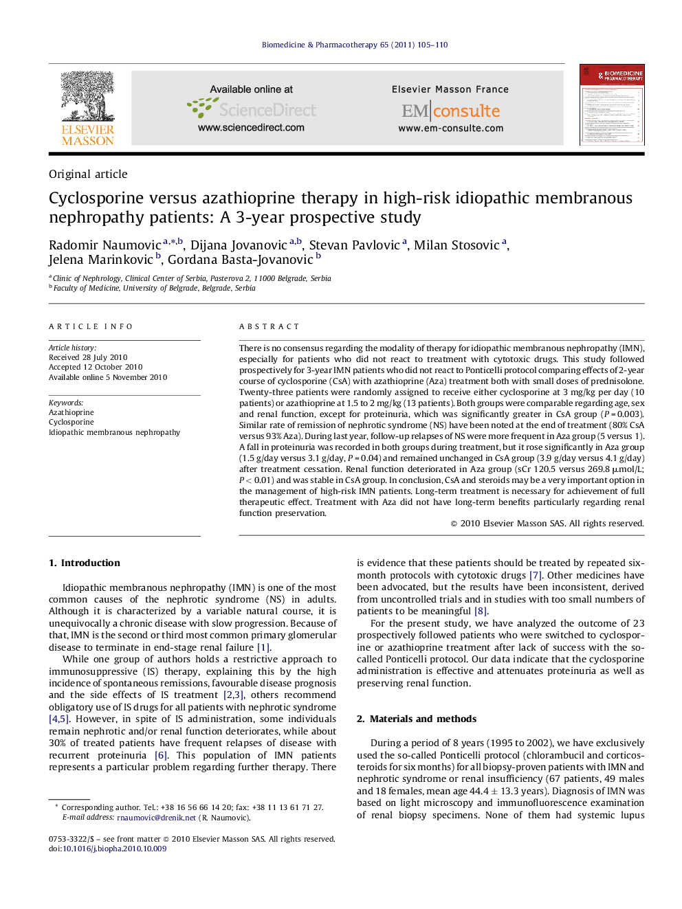 Cyclosporine versus azathioprine therapy in high-risk idiopathic membranous nephropathy patients: A 3-year prospective study