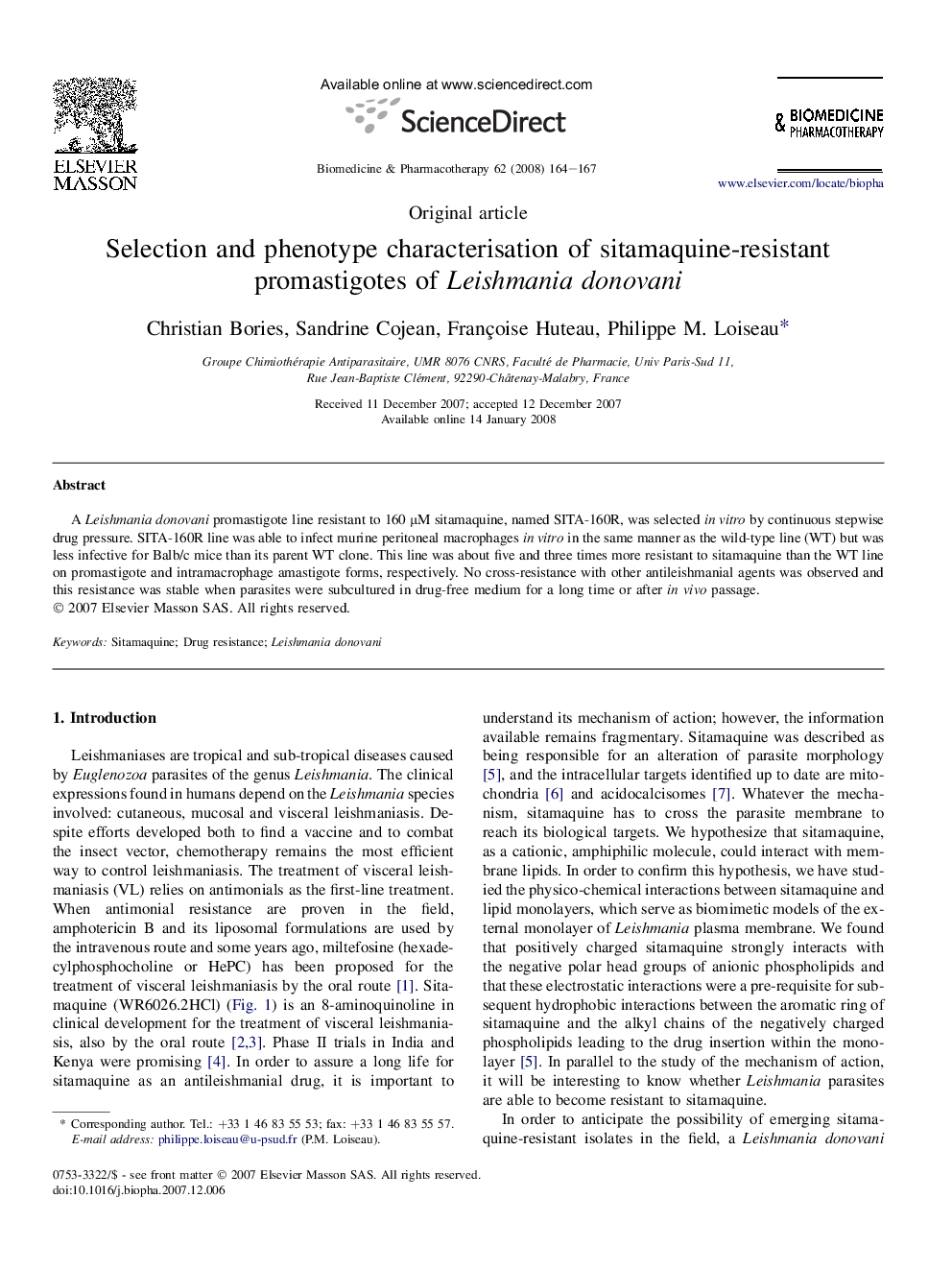 Selection and phenotype characterisation of sitamaquine-resistant promastigotes of Leishmania donovani