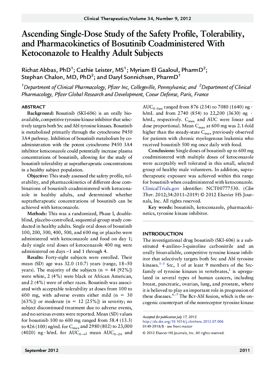 Ascending Single-Dose Study of the Safety Profile, Tolerability, and Pharmacokinetics of Bosutinib Coadministered With Ketoconazole to Healthy Adult Subjects