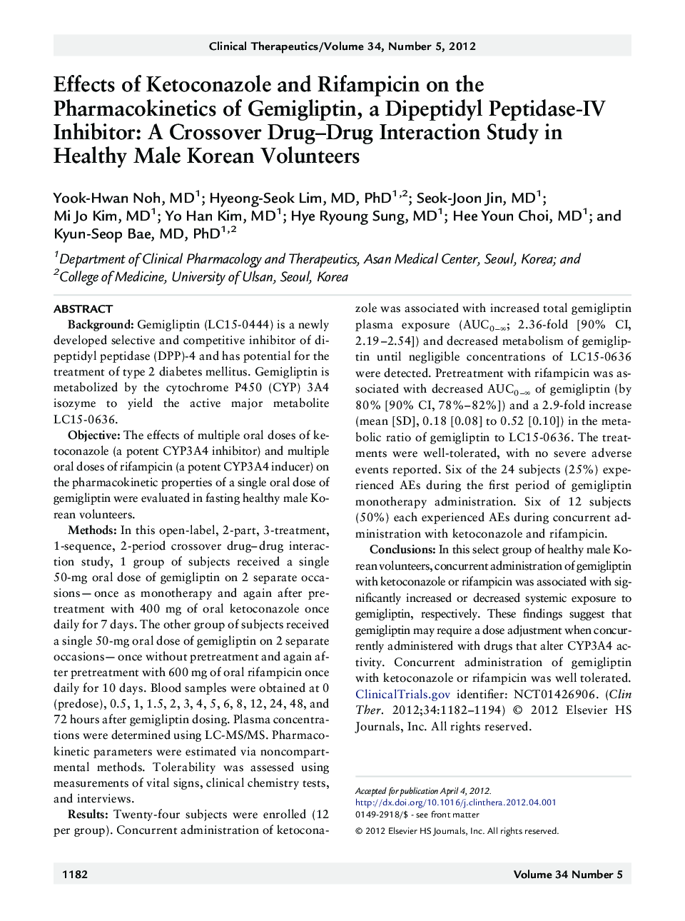 Effects of Ketoconazole and Rifampicin on the Pharmacokinetics of Gemigliptin, a Dipeptidyl Peptidase-IV Inhibitor: A Crossover Drug–Drug Interaction Study in Healthy Male Korean Volunteers