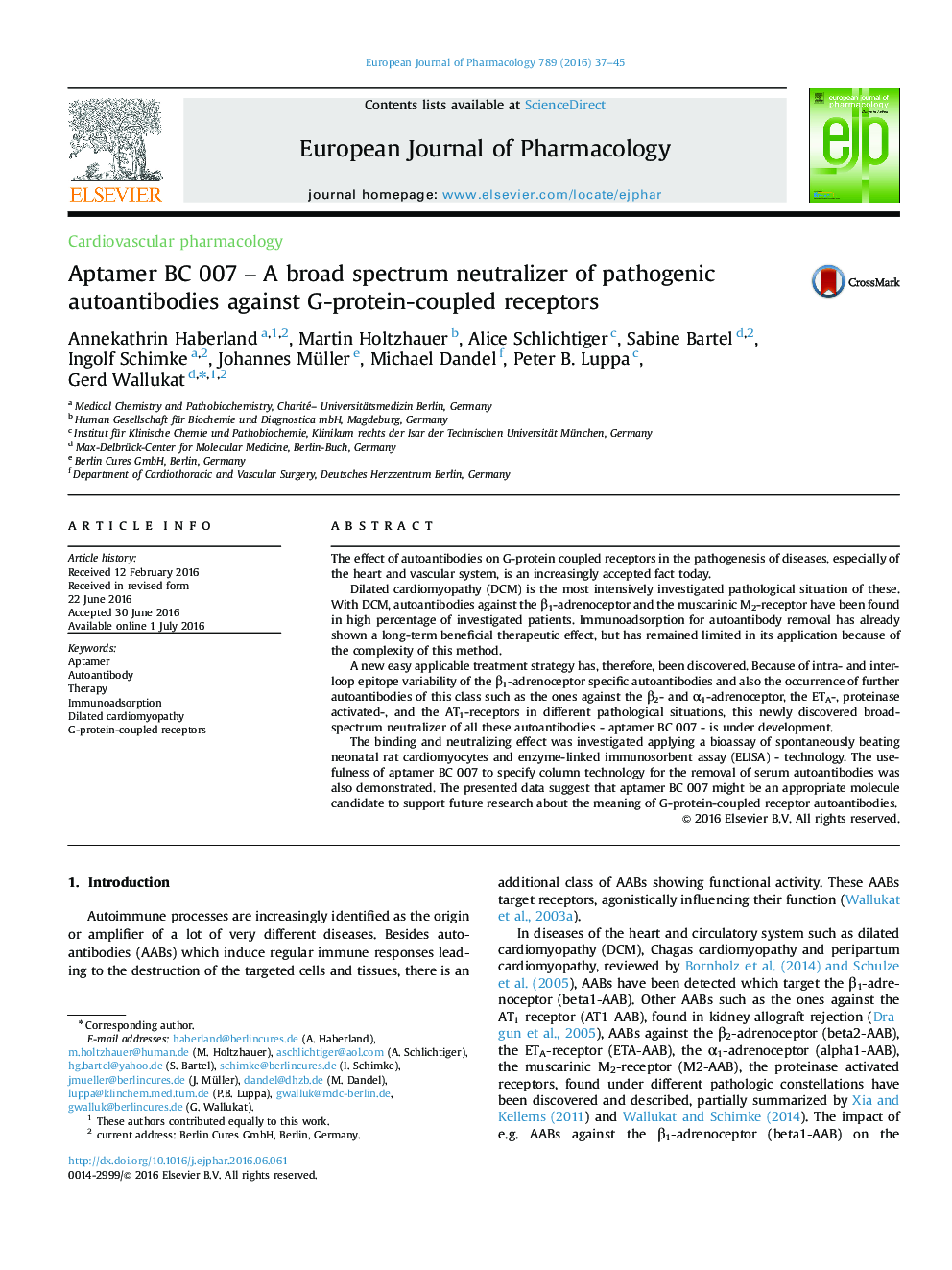 Aptamer BC 007 – A broad spectrum neutralizer of pathogenic autoantibodies against G-protein-coupled receptors