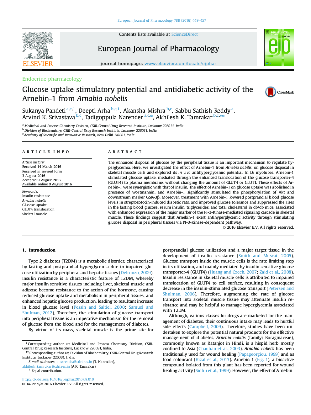 Glucose uptake stimulatory potential and antidiabetic activity of the Arnebin-1 from Arnabia nobelis