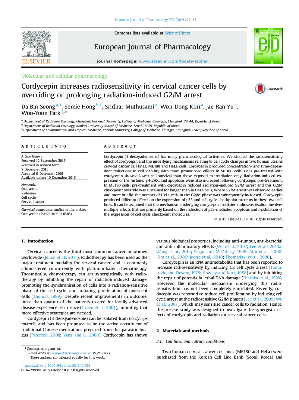 Cordycepin increases radiosensitivity in cervical cancer cells by overriding or prolonging radiation-induced G2/M arrest