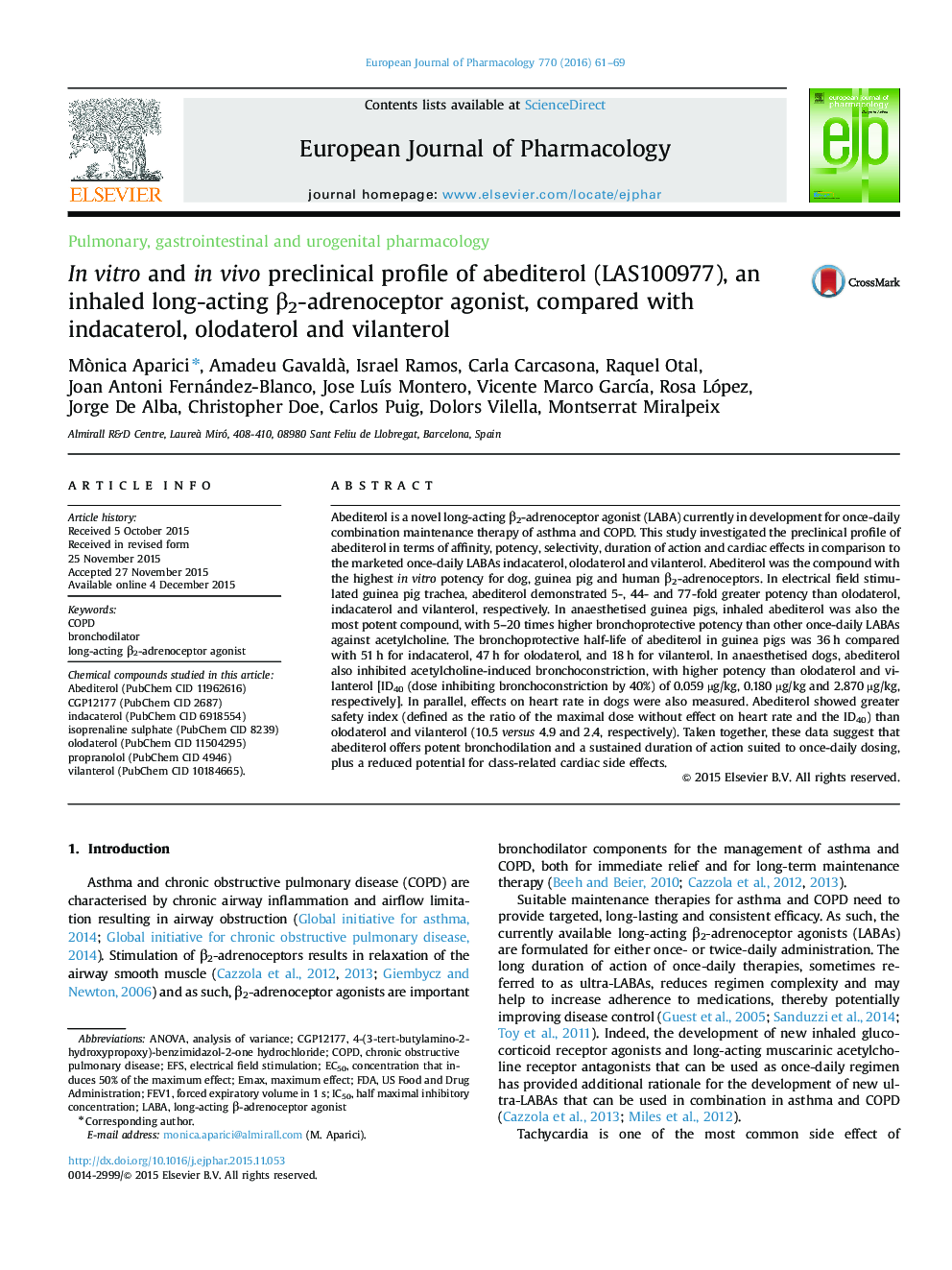In vitro and in vivo preclinical profile of abediterol (LAS100977), an inhaled long-acting β2-adrenoceptor agonist, compared with indacaterol, olodaterol and vilanterol