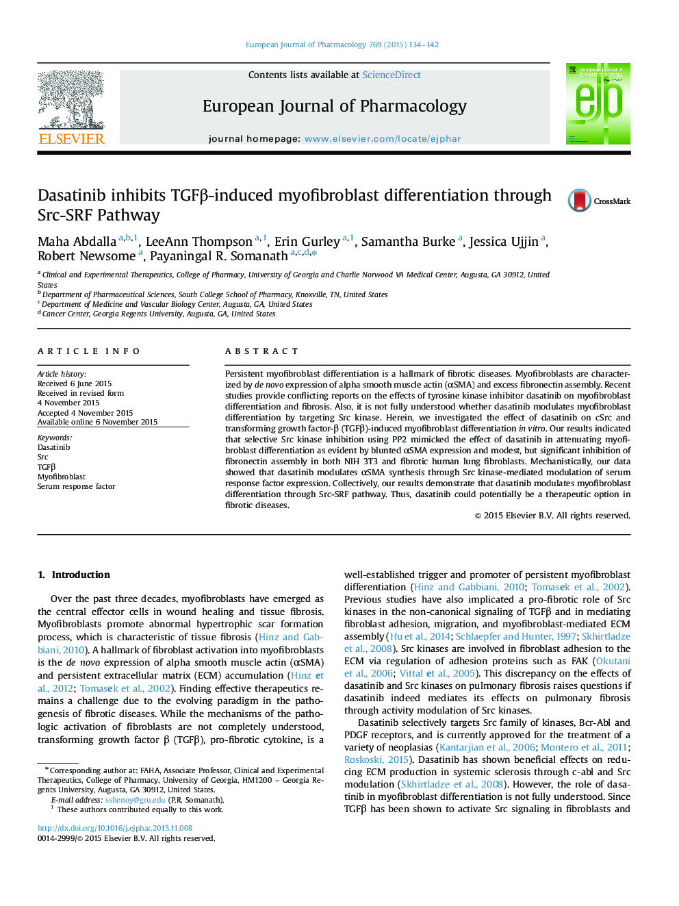 Dasatinib inhibits TGFβ-induced myofibroblast differentiation through Src-SRF Pathway