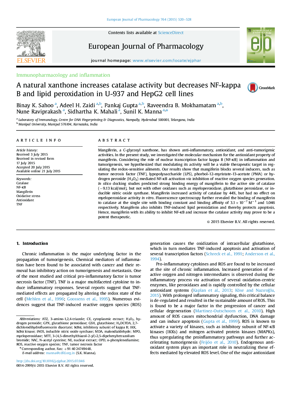 A natural xanthone increases catalase activity but decreases NF-kappa B and lipid peroxidation in U-937 and HepG2 cell lines